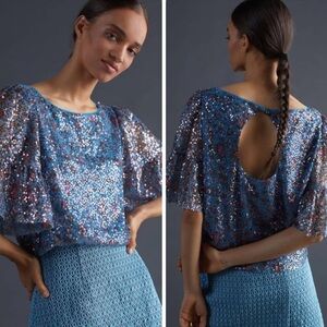 Anthropologie Maeve Sequin Blue Motif Boxy Short Ruffle Sleeves Blouse Large